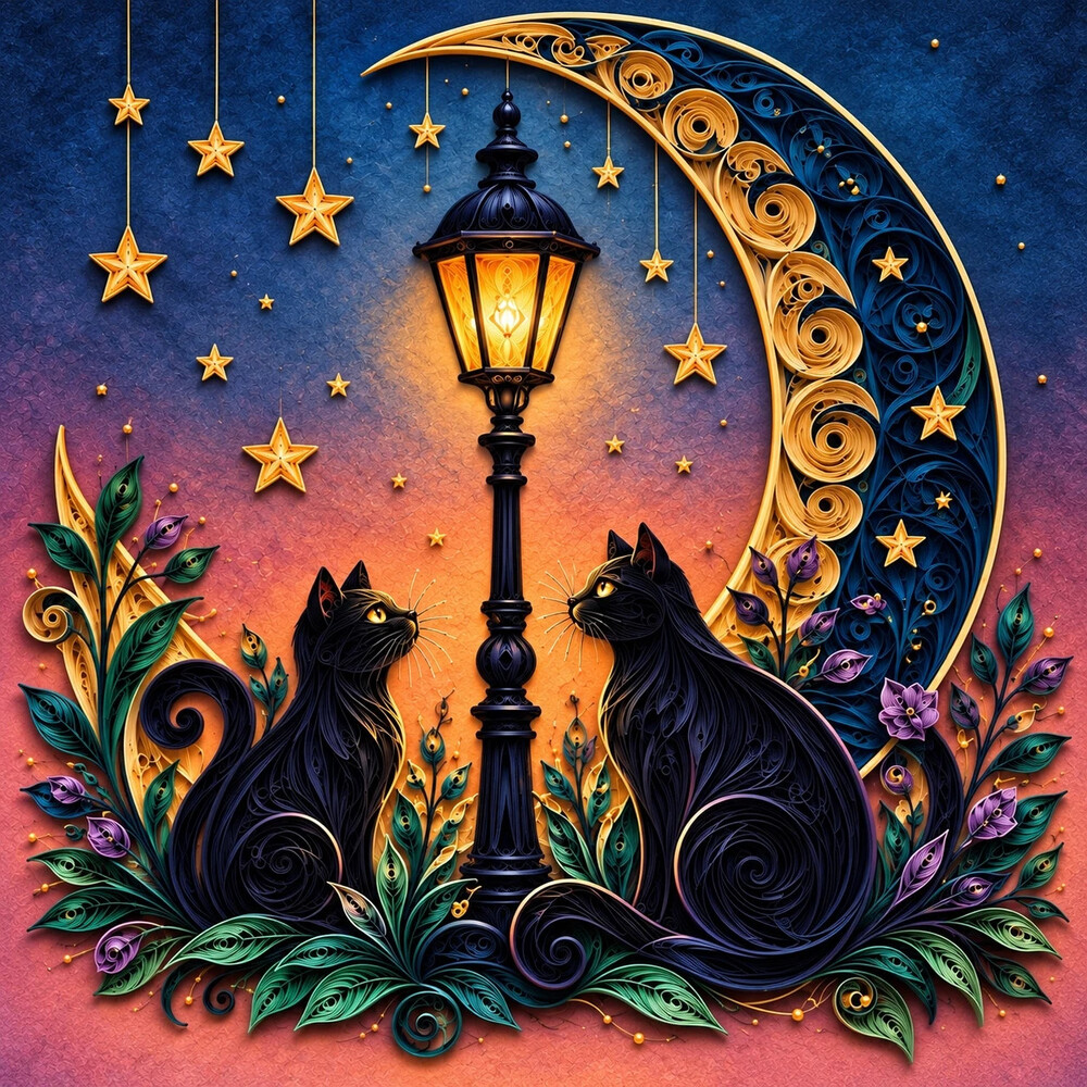 8x10 Framed Black Cats Moon Street Lamp Quilling Art Print
